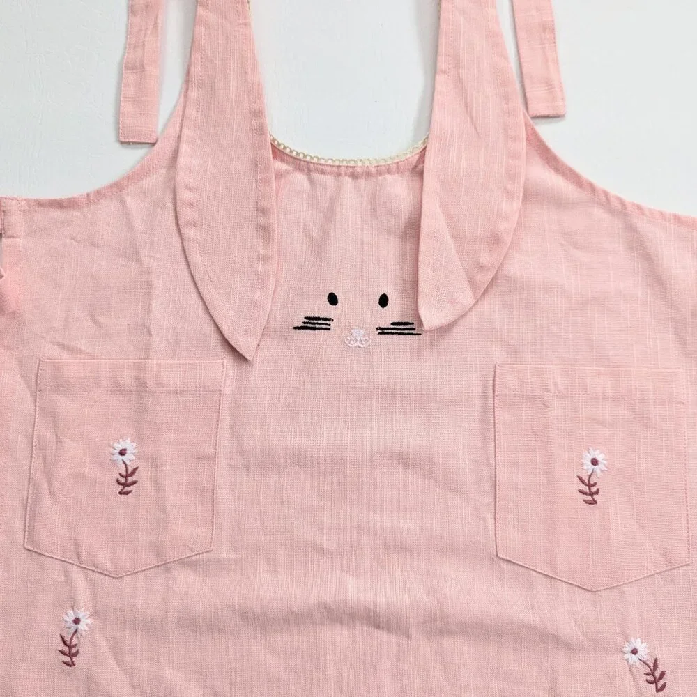 Sur La Table Girls Easter Bunny Apron Pink Floral Embroidered 7-10 Years Cotton